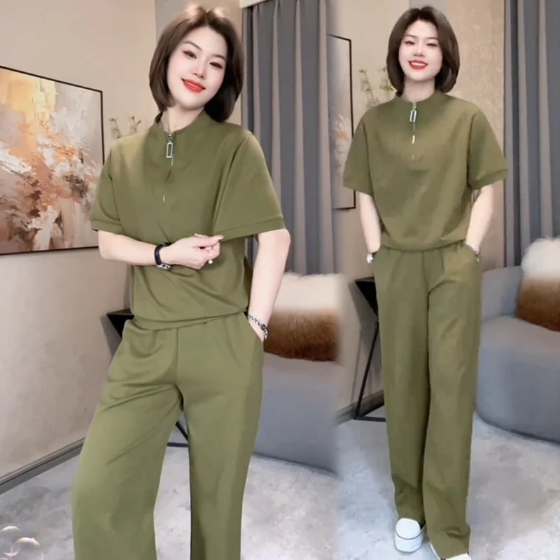 时尚洋气休闲运动服套装女士2025夏季新款小个子上衣阔腿裤两件套