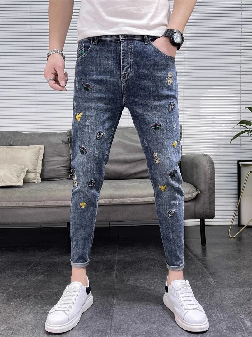 2025年夏季新款时尚百搭刺绣高街潮牌弹力男士小脚牛仔裤裤子薄款