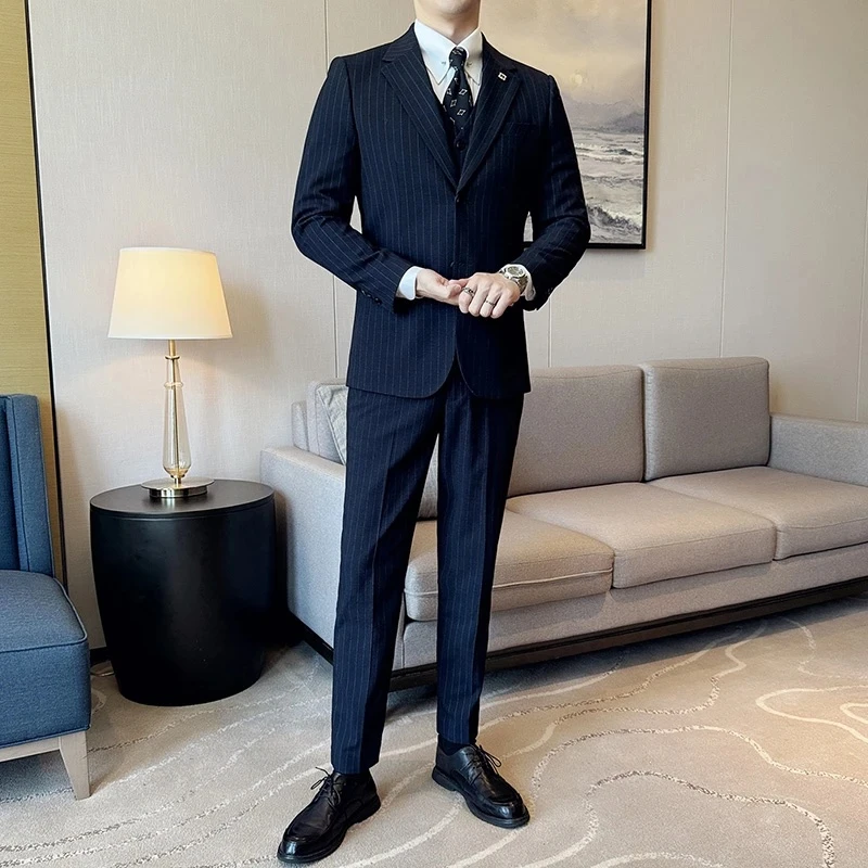 条纹款单排两扣新郎结婚商务休闲时尚男士西装套装TZ2601