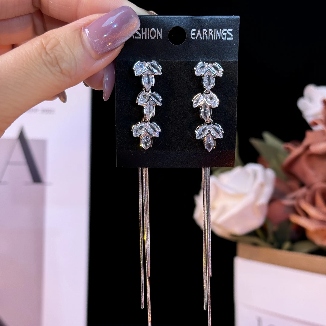 铜合金耳饰 沐兮】超闪锆石叶子长款流苏耳环气质轻奢时尚两戴耳坠