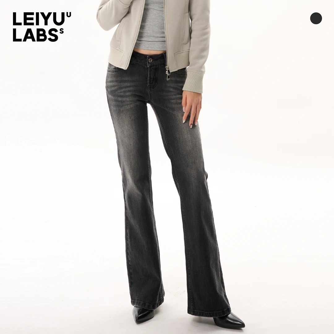LEIYU LABS中腰微喇牛仔裤女冬2025年新款烟灰色洗水复古喇叭长裤