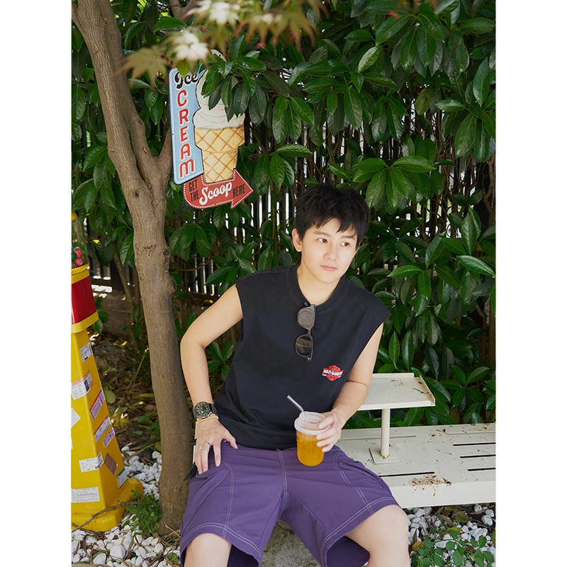 Cookawu2025夏水洗黑灰宽肩毛边做旧无袖背心男女坎肩