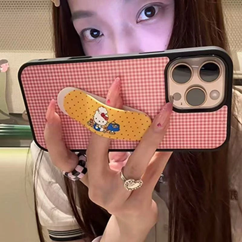 粉底格纹适用苹果16Promax手机壳iPhone15磨砂14带支架13女12黑框