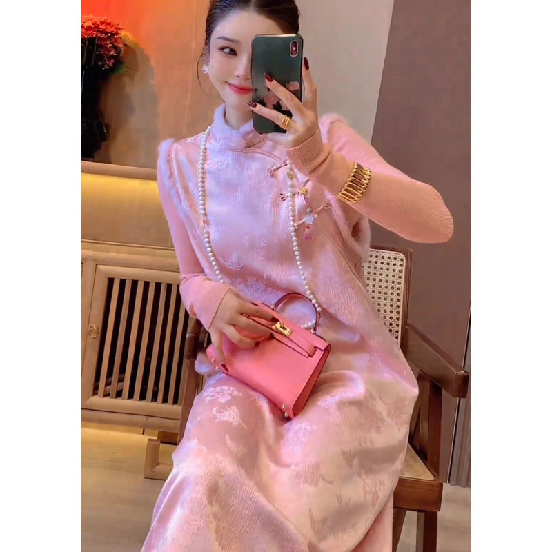 欧货精致气质显瘦名媛高级感紫色打底衫新中式改良旗袍连衣裙套装