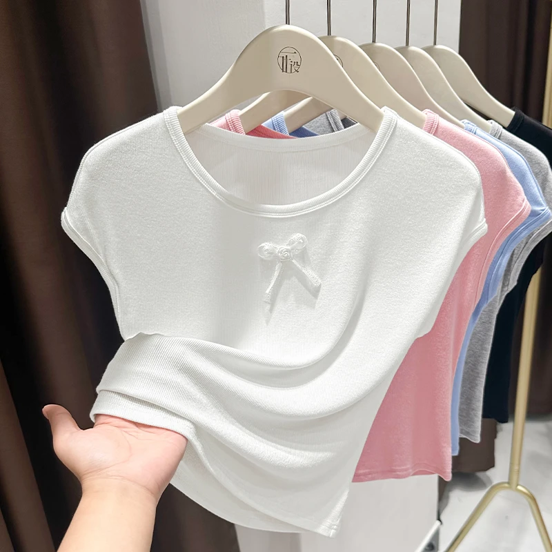 白色新款蝴蝶结圆领T恤上衣女2025夏季爆款内搭时尚飞飞袖打底衫