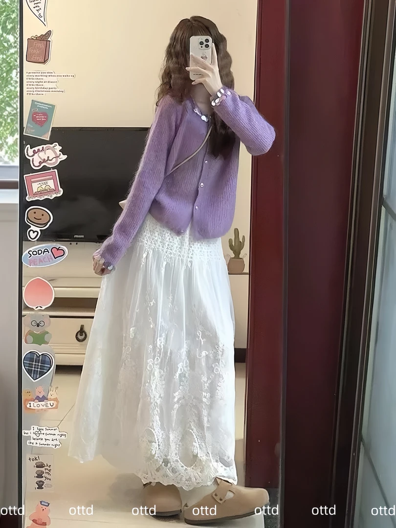 早秋慵懒风套装2025新款重工小香风紫色亮片毛衣开衫高级感半身裙