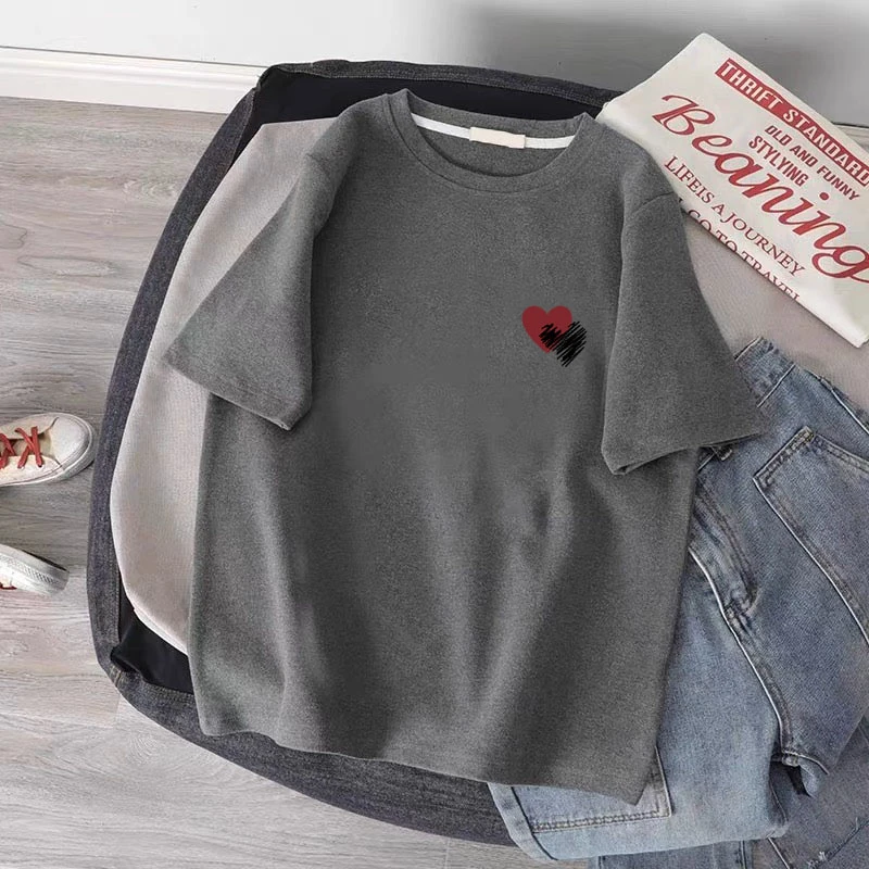 设计感小众正肩磨毛短袖t恤女时尚百搭洋气灰色春秋季新款打底衫