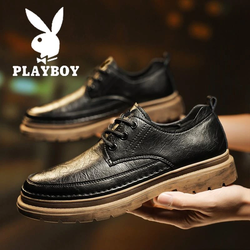 花花公子皮鞋男款秋季户外防滑时尚休闲男鞋黑色低帮工装马丁男鞋