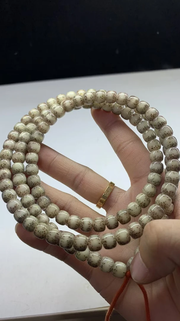 【会珠】双金款8x7老型长串小通体留白星稀冰透果冻石玉料星月菩提