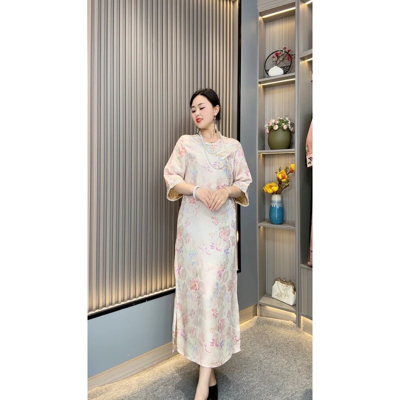 梦蝶YJ7691妈妈装中式国风盘扣优雅气质复古遮肉连衣裙