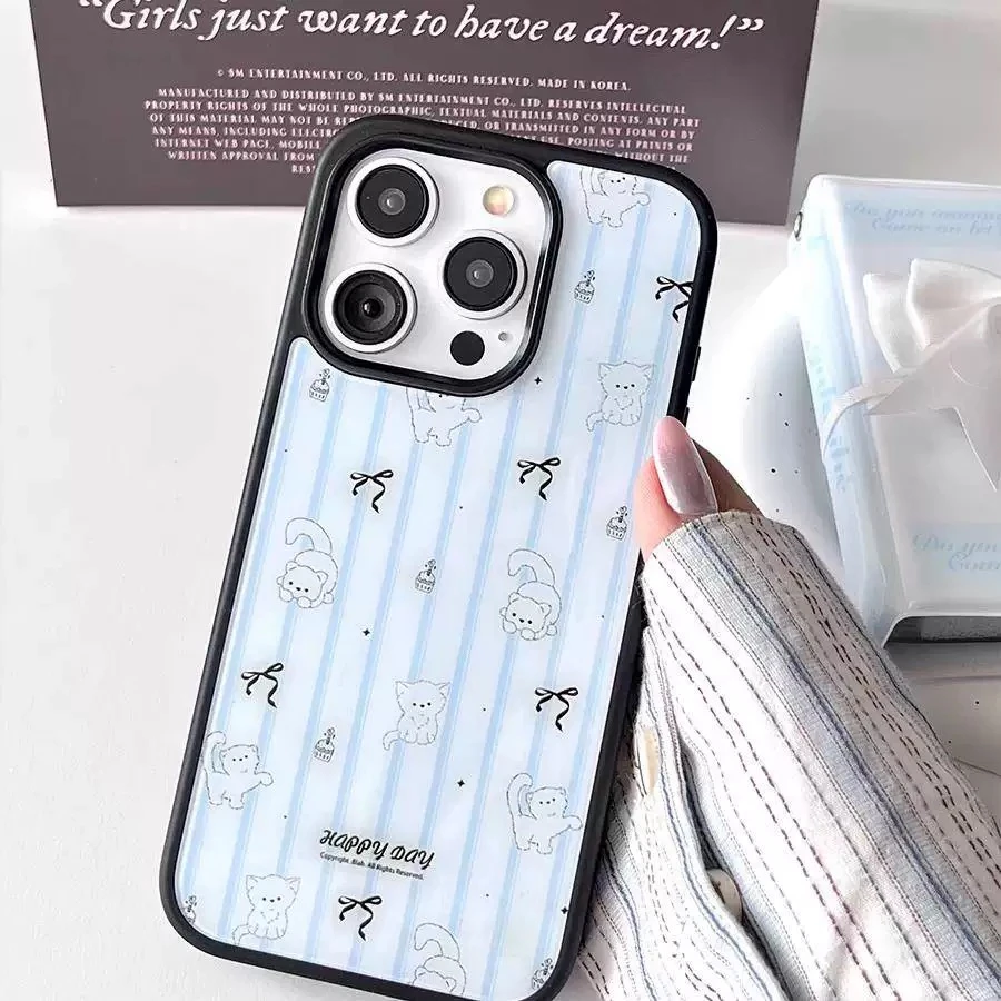 ins风条纹猫咪适用苹果16promax手机壳iPhone15pro磨砂1413防摔12