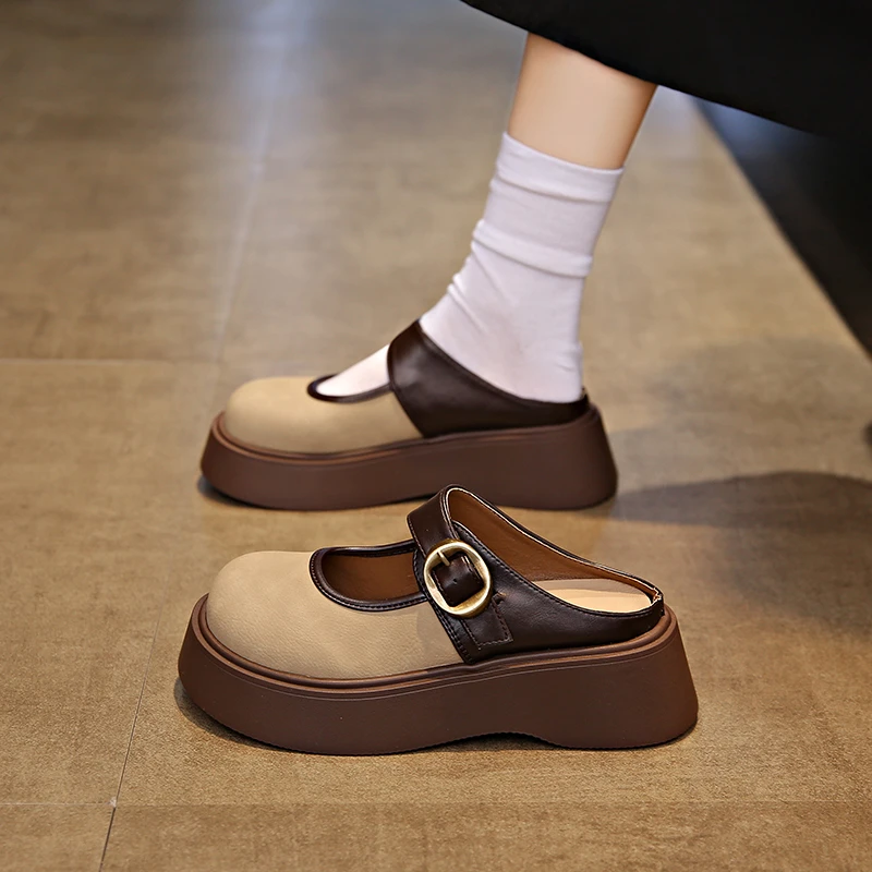 时尚拼色包头拖鞋女生厚底复古风无后跟玛丽珍女鞋2025春季新款潮