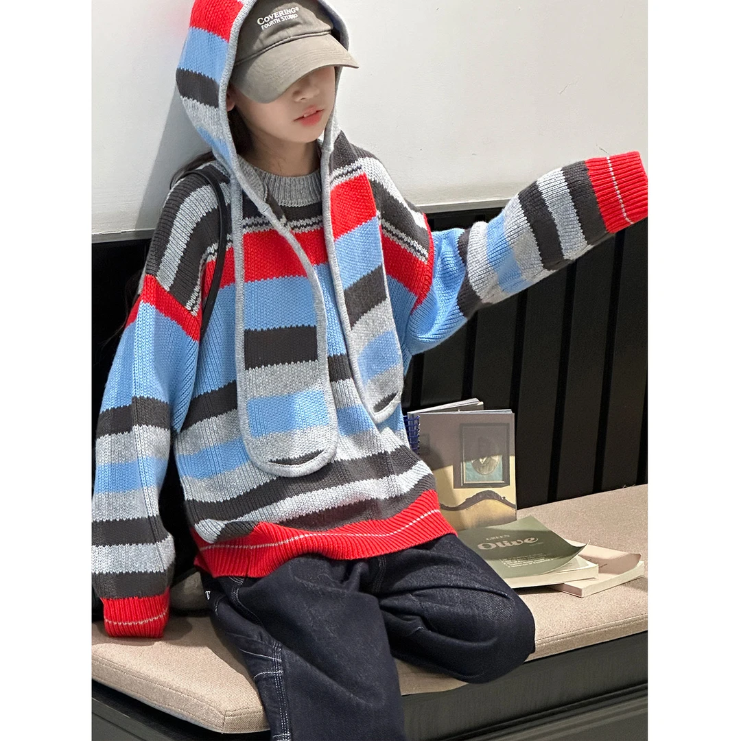 K29741孙小美慵懒女童毛衣2025秋冬装新款儿童条纹上衣春秋针织衫