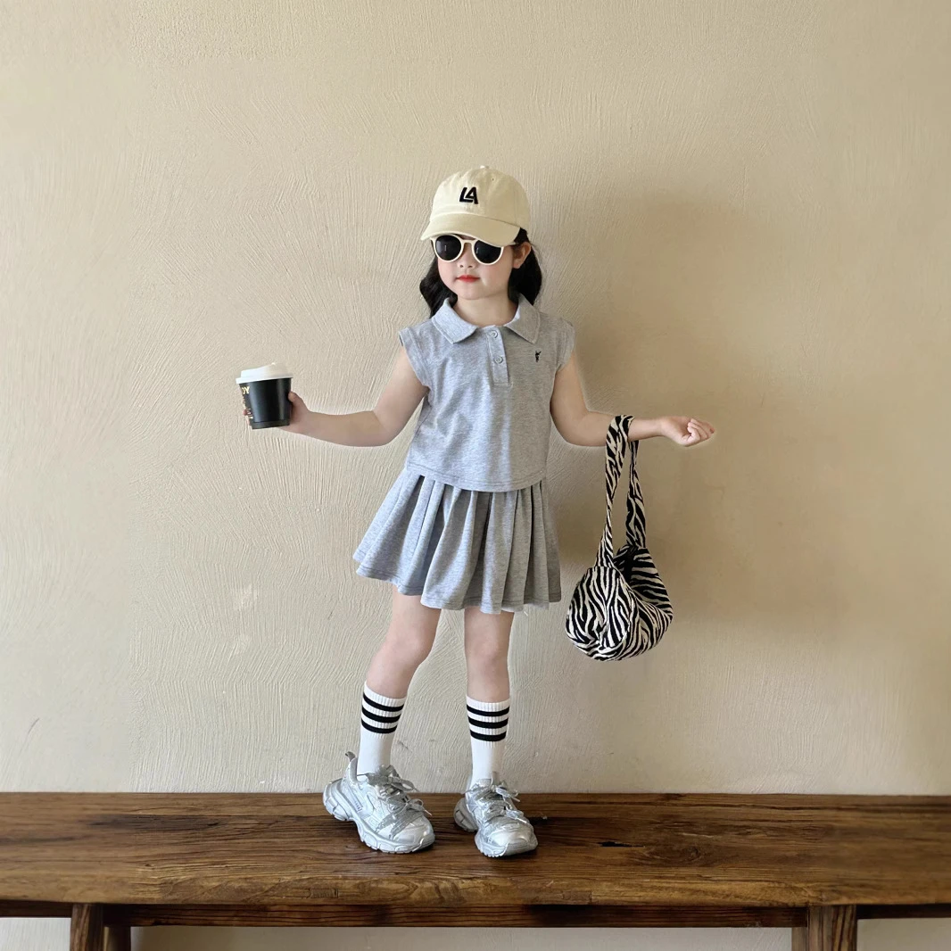 儿童韩版套装2025夏季新款童装女童洋气运动翻领上衣半身裙两件套