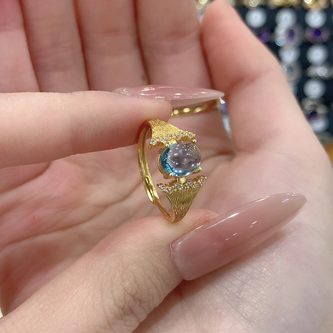 托帕石戒指银S925镶嵌弱****花