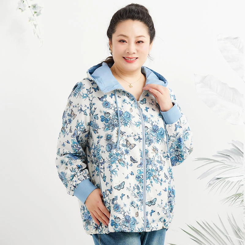 胖太太大码女装秋季新款碎花图案中长休闲连帽风衣外套824318010