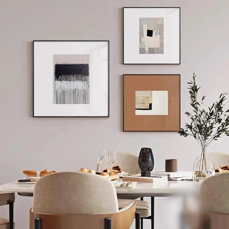 现代简约餐厅装饰画中古意式客厅黑白抽象艺术正方形卧室床头挂画