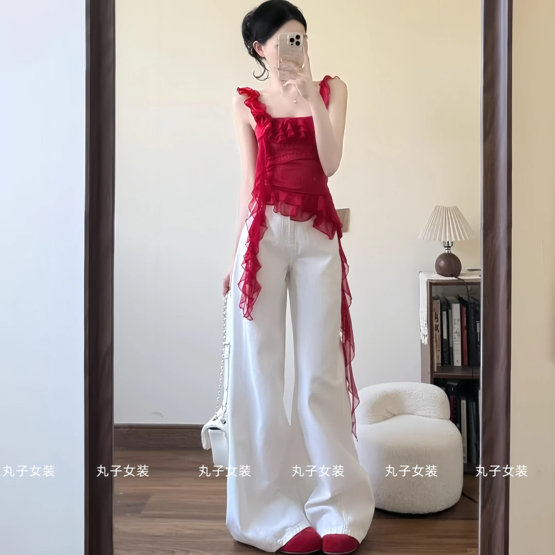 女装夏装套装2025新款爆款红色不规则玫瑰吊带背心上衣百搭阔腿裤