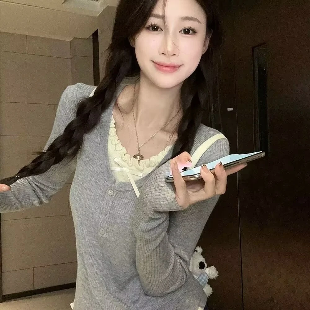 【大码梨形上衣女】韩系假两件修身显瘦内搭拼接蝴蝶结百搭针织衫秋