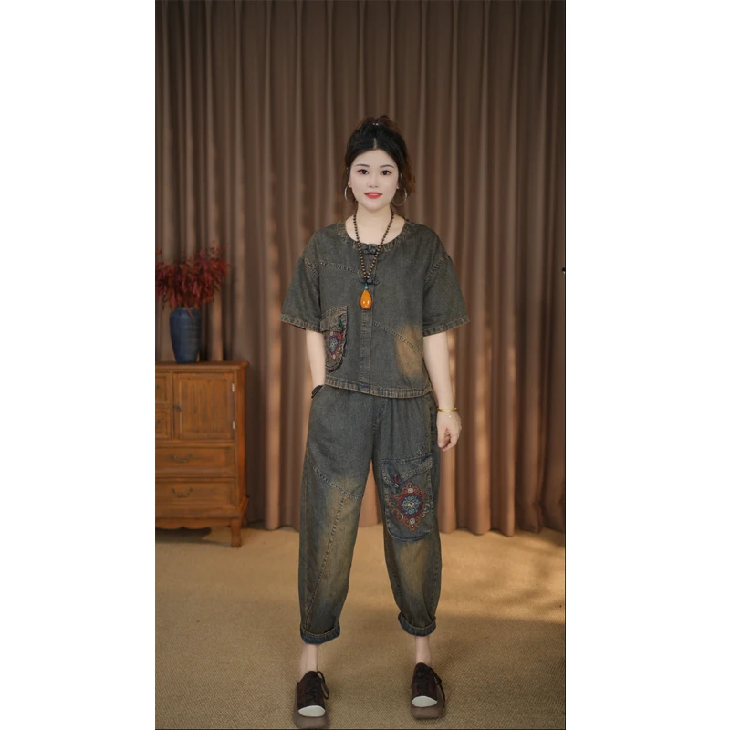 2603夏季宽松休闲复古民族风重工绣花短袖上衣水洗口袋牛仔裤女