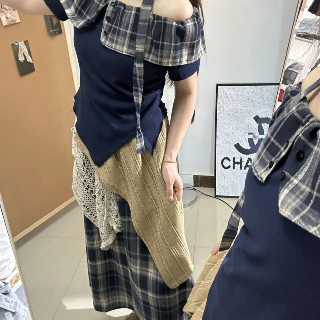 波西米亚复古一字肩格子短袖套装女学生夏季新款蕾丝半身裙两件套