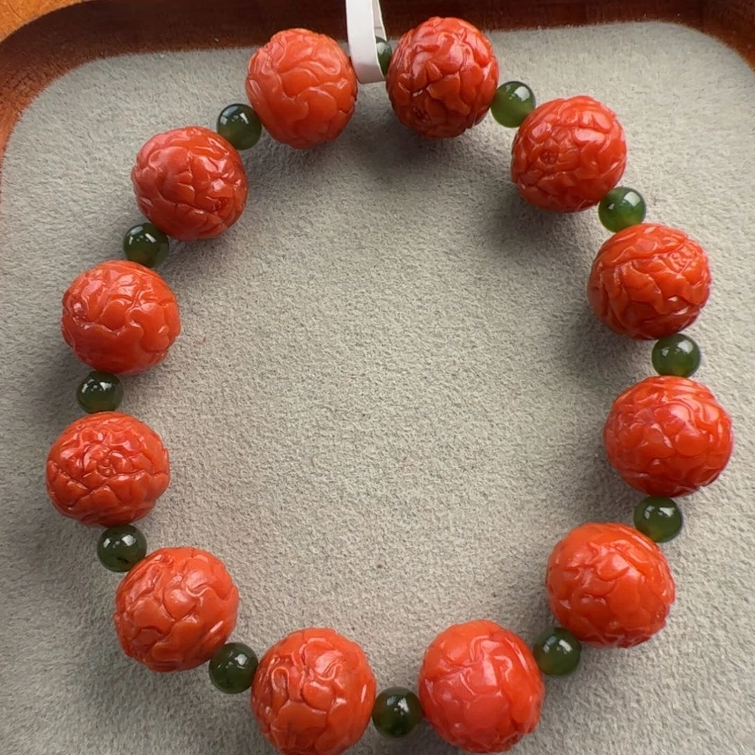 南红玛瑙未镶嵌（牡丹花珠手串13mm）