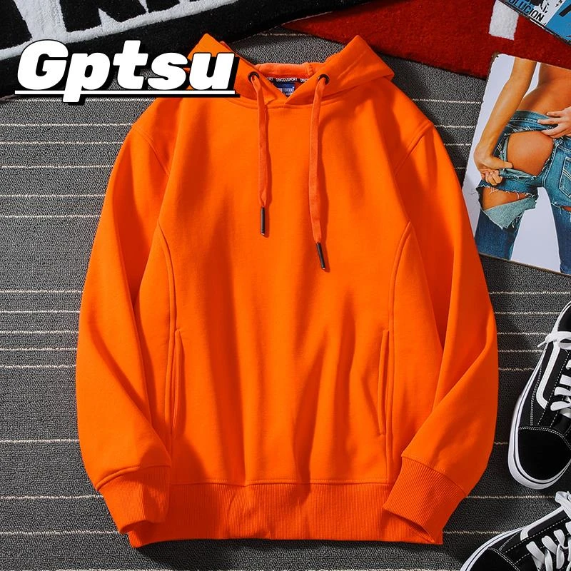 GPTSu橙色卫衣男士加绒秋冬新款潮流连帽ins火橘色银狐绒套头厚款