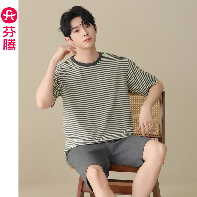 芬腾睡衣男款2025新款夏季薄款纯棉短袖短裤套装运动可外穿家居服