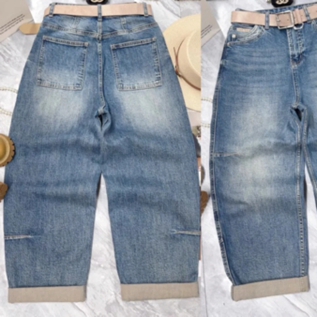 9A1637-L无腰带挽边九分高腰弹力春季新款宽松显瘦弯刀男友裤