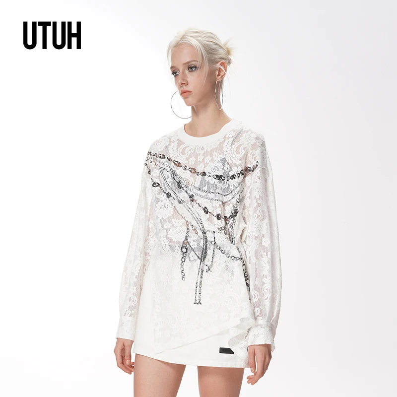 UTUH 白色蕾丝印花经典圆领不规则解构美感设计上衣女 TDWWS1N052