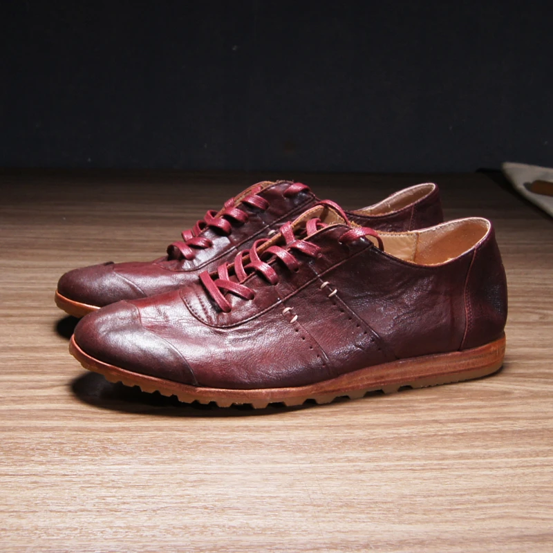 袋鼠皮重工水洗德训平底拳击鞋男士夏季透气皮鞋舒适透气休闲板鞋