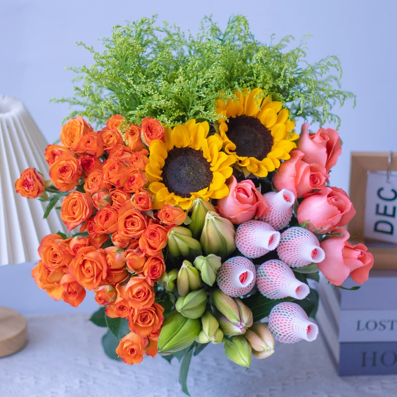 【母亲节送礼】粉玫瑰+香水百合+多头玫瑰+向日葵+配草  基地直发