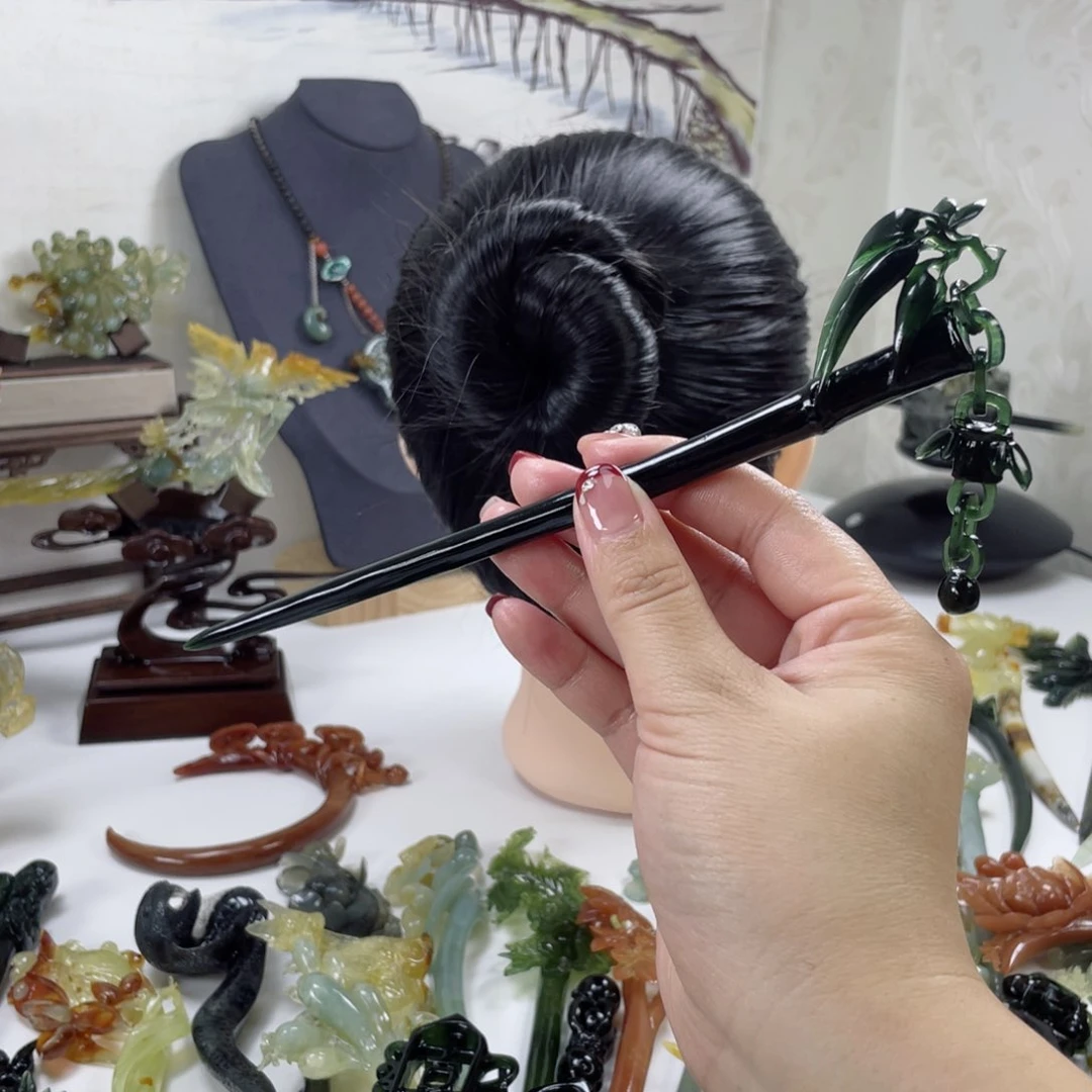 岫玉发饰未镶嵌紫**晶岫玉竹子发簪