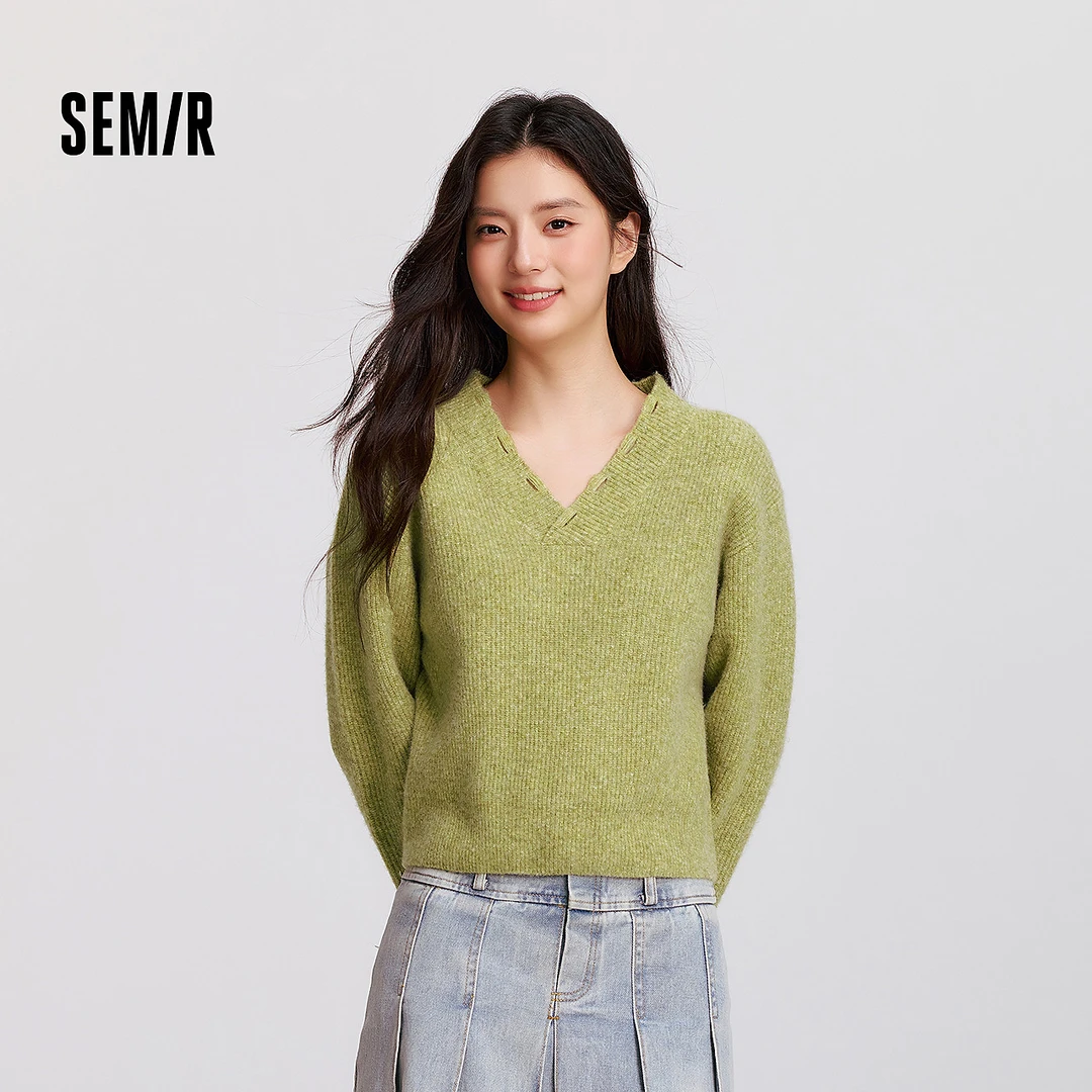 森马毛衣女冬短款含羊毛破洞V领宽松毛衫辣妹个性ins潮小个子衣服