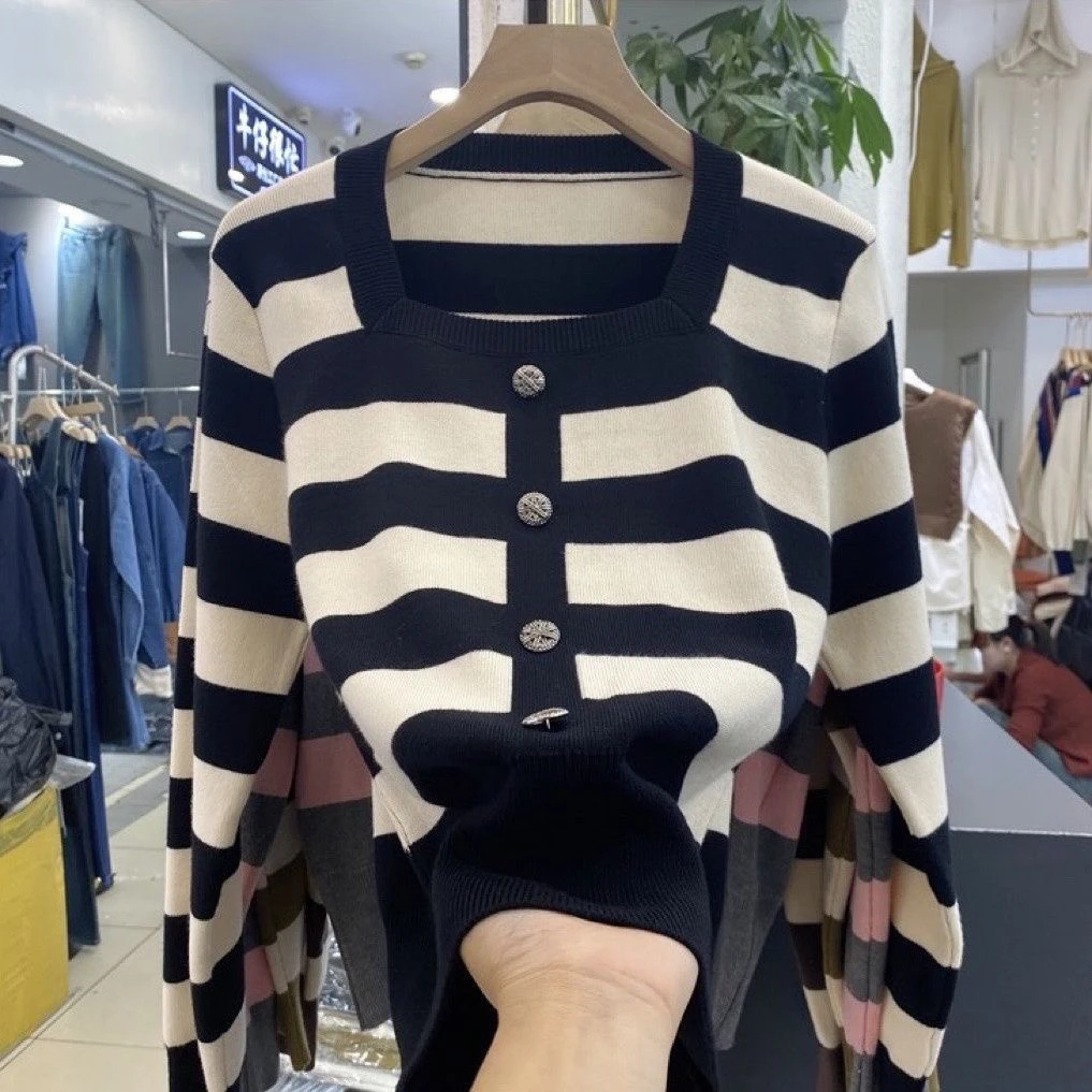 宽松显瘦【80-180斤】方领针织衫女大码条纹毛衣秋冬显瘦百搭打底衫