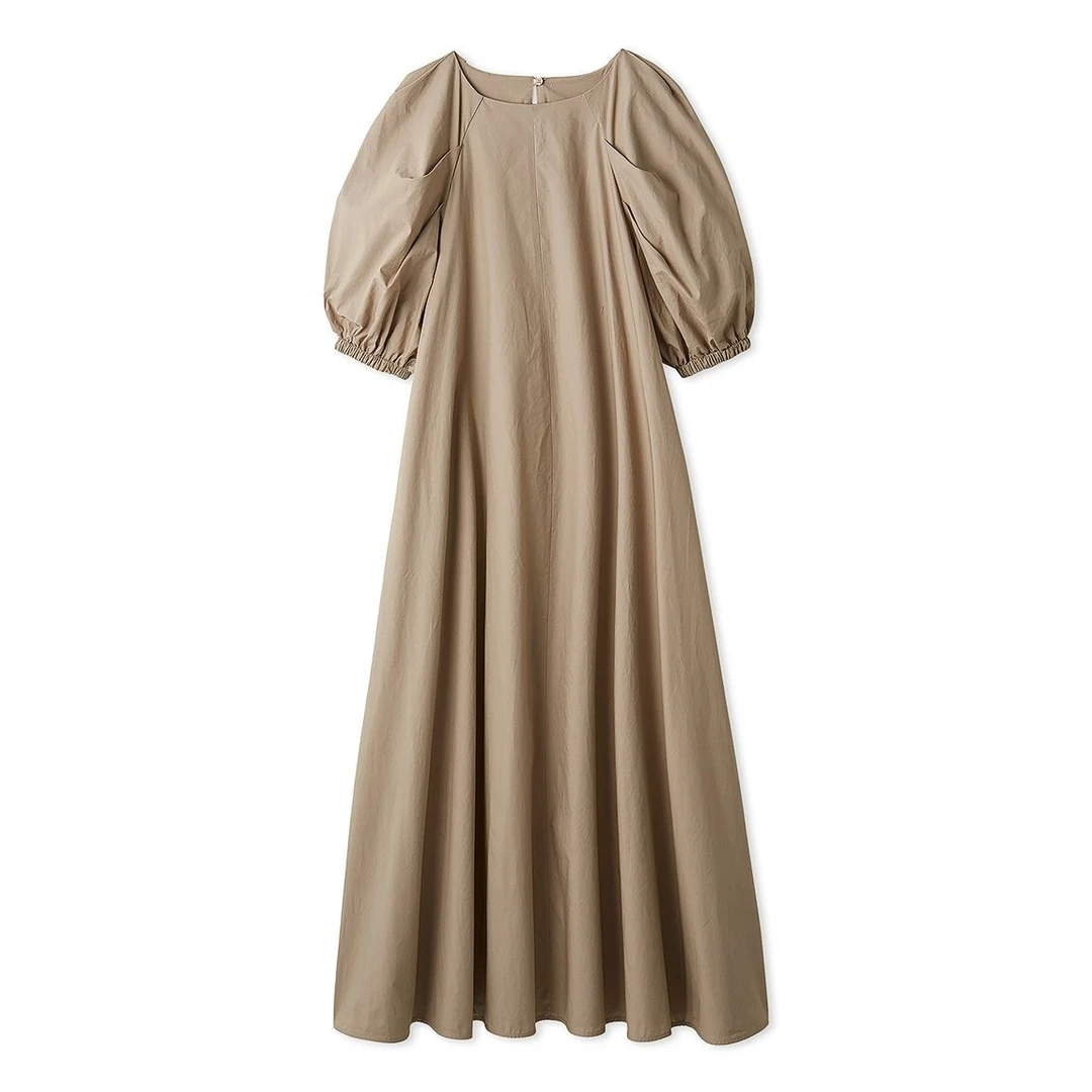 【胖虎家】夏季新款 M 泡泡袖法式优雅圆领长款休闲风连衣裙