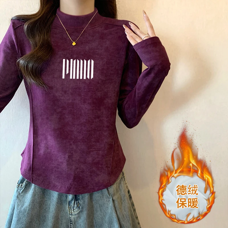 扎染半高领磨毛德绒打底衫女2025新款内搭修身鱼骨线加绒T恤上衣