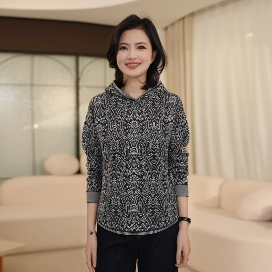 枫竺阿楠anan连帽提花套头针织衫女冬季保暖羊毛衫通勤百搭毛衣