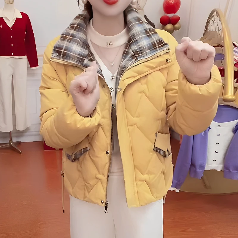 时尚洋气立领短款棉服女2025冬季新款洋气保暖百搭格子拼接棉衣潮