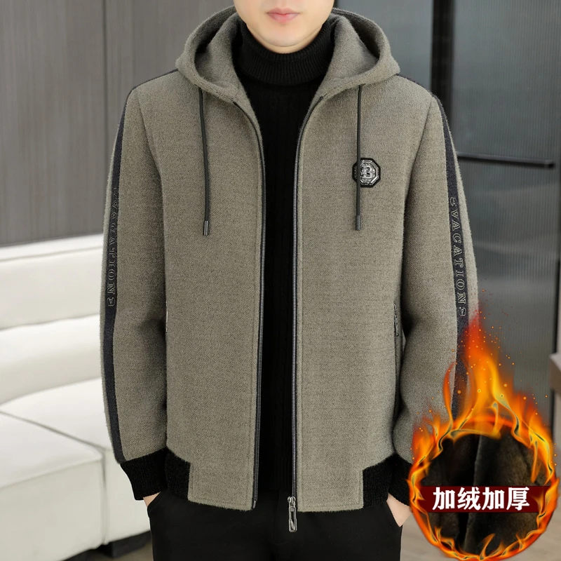秋冬新款男士加绒加厚连帽夹克男百搭休闲高端短款毛呢大衣外套潮