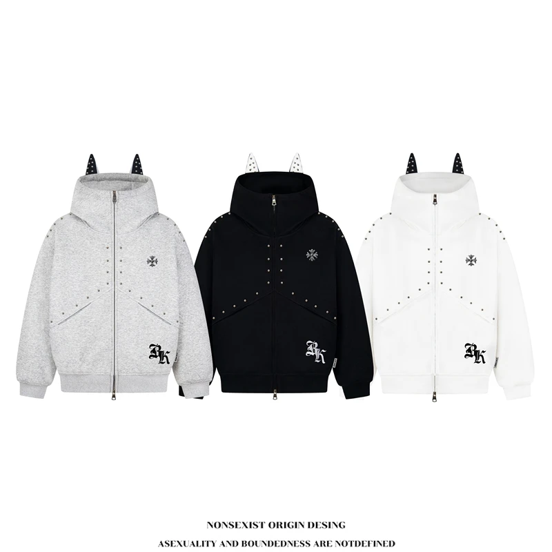 NONSEXIST 原创国潮铆钉小恶魔卫衣秋季情侣杜宾犬耳朵帽衫外套