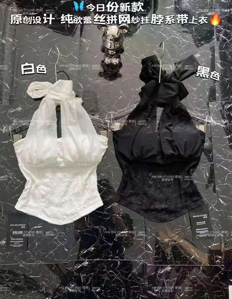 性感辣妹风挂脖绑带蕾丝吊带上衣自带胸垫显瘦露背内搭外穿背心女