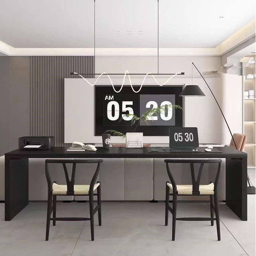 极简黑色客厅双人实木书桌家用超长沙发后靠长条桌学习餐桌椅组合