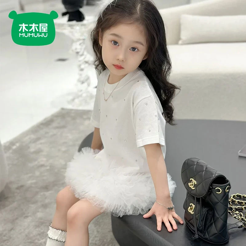 木木屋女童洋气时髦拼纱T恤裙夏季女宝宝甜美中款短袖儿童连衣裙