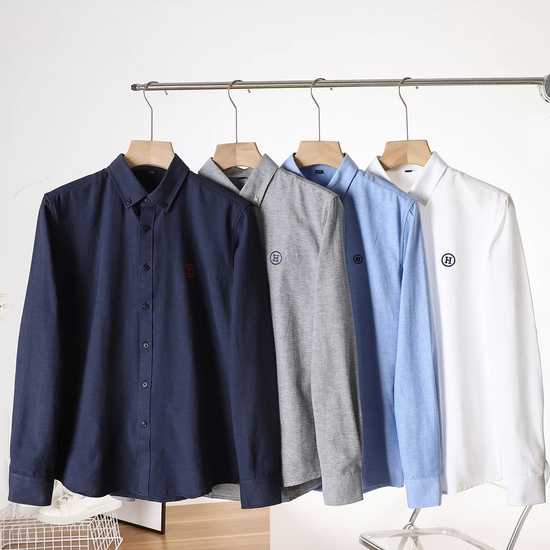 春夏男士衬衫简约纯色时尚休闲衬衣百搭长袖棉刺绣翻领衬衣潮