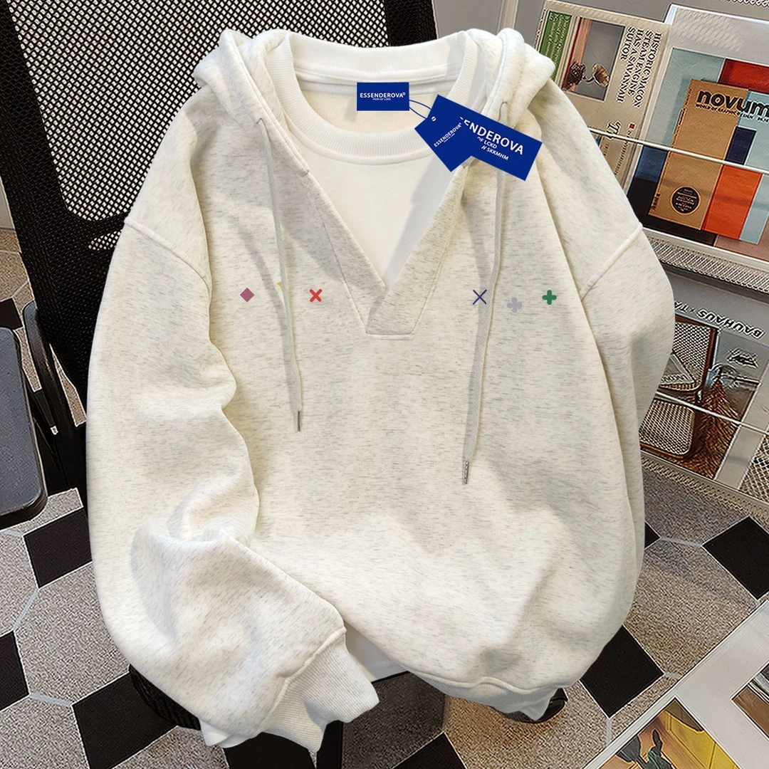 美式小众简约个性假两件连帽卫衣男女秋冬季中性百搭加绒情侣外套