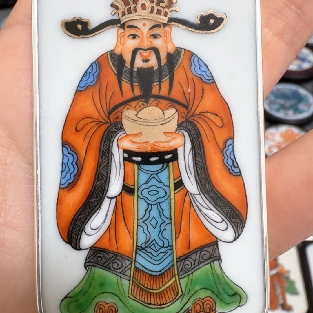 电***）瓷片粉彩纯银财神挂件
