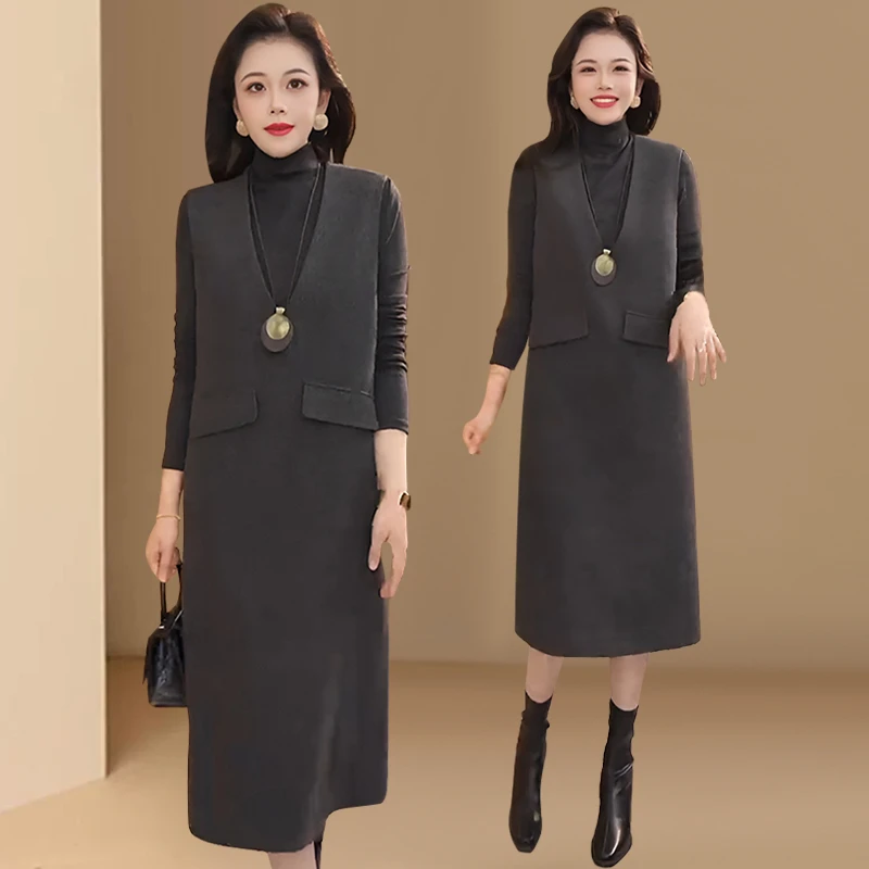 时尚连衣裙套装女中长款2025春秋新款洋气显瘦气质背心裙子两件套