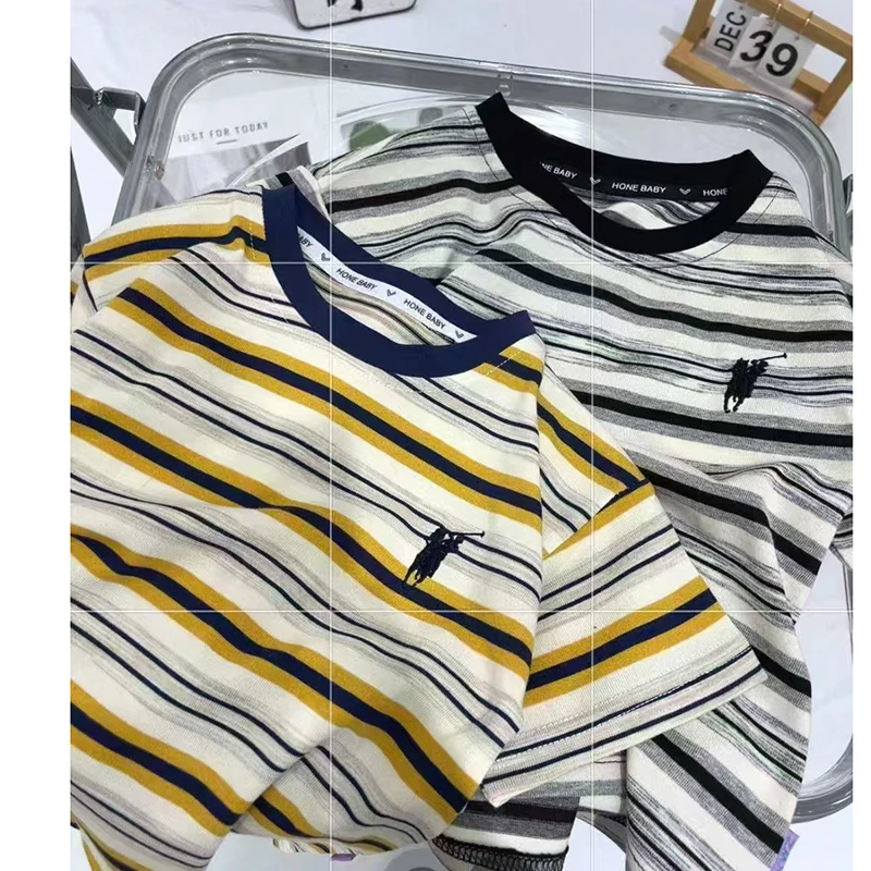 【主播推荐】百搭款条纹刺绣短袖T恤儿童夏季上衣 DX25296