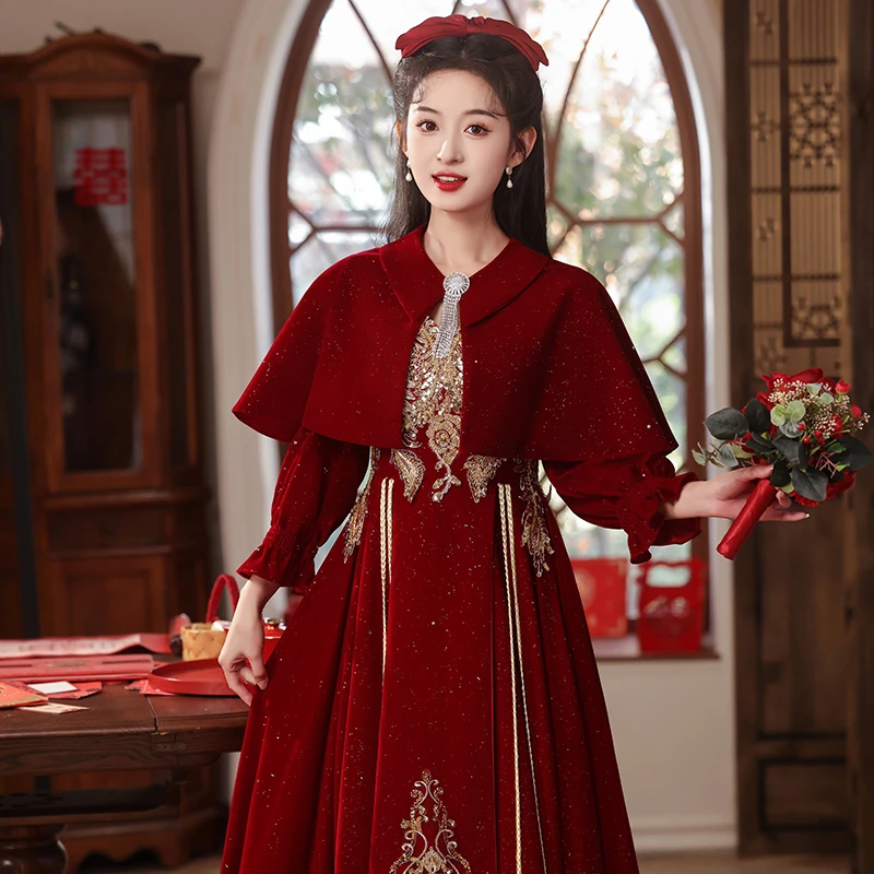 大码敬酒服2025新款新娘复古丝绒长袖结婚回门礼服女订婚连衣裙冬